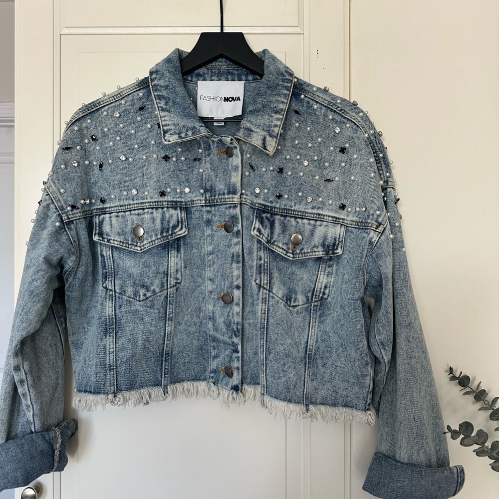 Fashion Nova Blue Jean Jacket with Studded Embellishments
